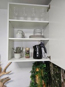 a shelf with a tea kettle and dishes on it at ROVIO REST IN FOREST in Jyväskylä