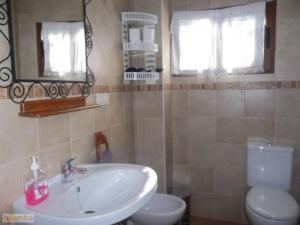 een badkamer met een wastafel, een toilet en een spiegel bij El Aguacate in Lanjarón