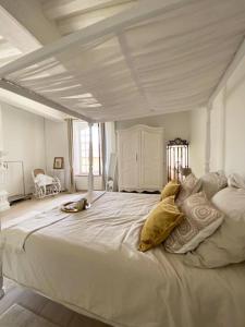 Habitación grande de color blanco con cama grande con almohadas en LE SAINT LEONARD, en Montceaux-lès-Provins