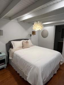 a bedroom with a large white bed with a chandelier at Modern Athens Home 4bd, 3bth in Athens