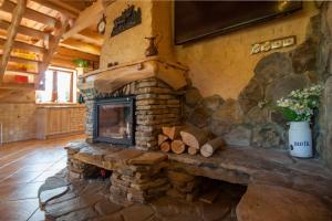 a stone fireplace in a living room in a house at Chatka Ustrzyki in Ustrzyki Dolne