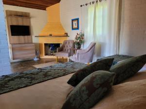 a living room with a bed and a fireplace at Pousada Recanto João de Barro in Cunha