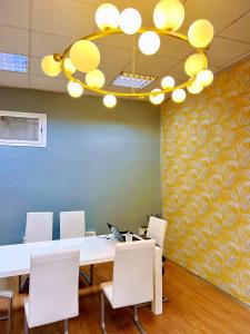 a conference room with a table and chairs and a chandelier at Hostel Acacias in Madrid