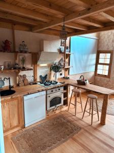 a kitchen with a stove and a counter with stools at Loft Country Kaş in Kas