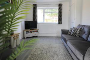 ein Wohnzimmer mit einem Sofa und einem Flachbild-TV in der Unterkunft Modern, Two Double Bedroom House with Free Parking in Chepstow