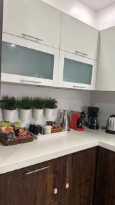 um balcão de cozinha com alguns alimentos e plantas sobre ele em Modern cozy apartment em Riyadh