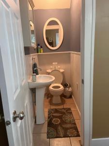 a bathroom with a toilet and a sink and a mirror at Cozy Cape Cod in Grand Rapids