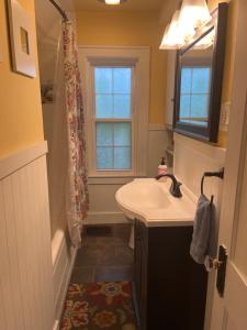 a bathroom with a sink and a window and a shower at Cozy Cape Cod in Grand Rapids