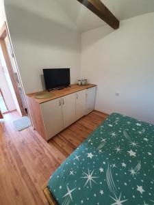 1 dormitorio con escritorio y TV. en Bungalov Lenka en Temerin