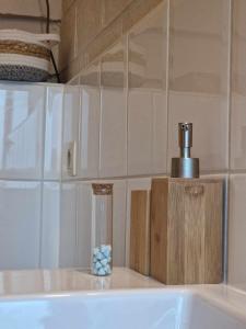 een badkamer met een wastafel en een zeepdispenser bij Bulle ivoire in Hastière-par-delà