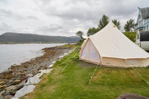 biały namiot siedzący na trawie blisko wody w obiekcie Sandtorgholmen Glamping w mieście Sandtorv