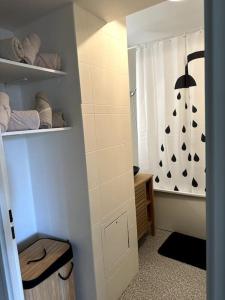 a small bathroom with a shower and a curtain at Studio JadOr gare du Bourget Paris aeroport Charles de Gaulle in Le Bourget