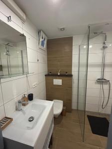 y baño con aseo, lavabo y ducha. en Elegance & Comfort Brand New Apartment near to Atomium en Bruselas