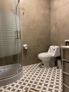 a bathroom with a toilet and a glass shower at Casa Marina Huérfanos in Santiago