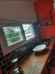 a bathroom with a counter with a sink and two windows at Altos apparts in Estancia Vieja