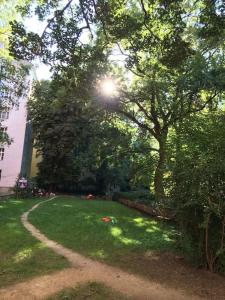 une cour verdoyante avec un arbre et un chemin dans l'établissement Byt v srdci Žižkova Praha 3, à Prague