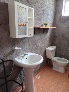 y baño con lavabo y aseo. en Cabañas & Hostal Tojika, en Hanga Roa