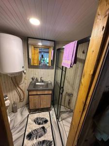 y baño pequeño con lavabo y ducha. en Havuzlu kiralık Tinyhause, en Çekme