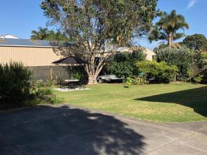 a yard with a picnic table and a tree at Waikaraka Beach, spacious & very comfortable in Whangarei Heads