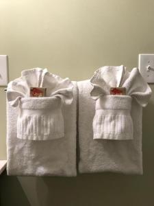 due asciugamani bianchi seduti su un bancone in bagno di Old Town Suites a Key West