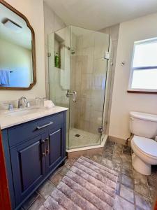 a bathroom with a shower and a toilet and a sink at Mango Sunset Bed and Breakfast in Kailua-Kona