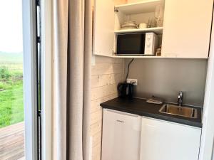 een kleine keuken met een wastafel en een magnetron bij REY Stays - Small & Cozy Studio in Höfn