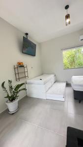 a white room with a bed and a plant in it at Área vip maranduba in Ubatuba