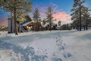 una cabaña en la nieve con huellas en la nieve en Scenic Villa at Meadow View, en Show Low