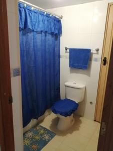 a bathroom with a blue shower curtain and a toilet at Apartamento amueblado en Juan Dolio in La Puntica de Juan Dolio
