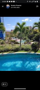 una imagen de una piscina azul con palmeras en Araras CTC Apart Service, en Caldas Novas 27 fotos más