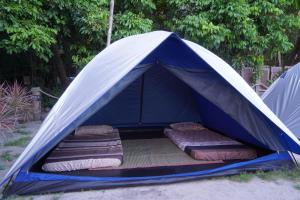 a blue and white tent with beds in it at Redang Campstay in Redang Island