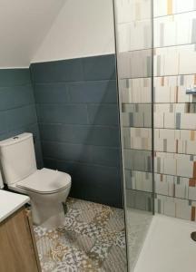 a bathroom with a toilet and a shower at Catherine et Serge in Genêts