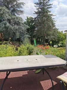 a picnic table in front of a garden with flowers at Les Logis de Catherine et Serge in Genêts