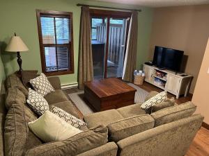 a living room with two couches and a television at Trappers Landing #34 in Sun Peaks