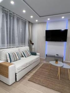 a living room with a white couch and a tv at Welcome on Board in Nürnberg