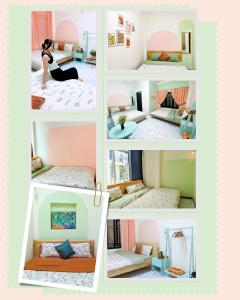 un collage de cuatro fotos de un dormitorio de chicas en Wasabi House 2 gần chợ đêm 5p đi bộ en Dalat