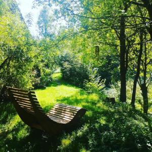 un banc installé dans l'herbe dans un jardin dans l'établissement Lodge bien être et nature, à Soultzeren