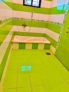 a green and white bathroom with a bath tub at Infinity Hotel in Lahore