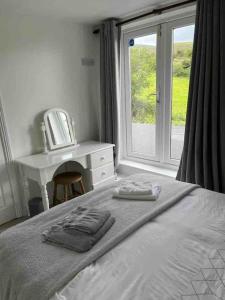 1 dormitorio con cama, lavabo y ventana en Kylemore Lakeview Retreat en Blessington