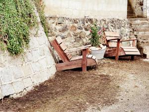 two benches and a potted plant next to a wall at Ferienwohnungen im Kreuztal in Neuwerk