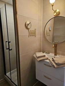 een badkamer met een wastafel en een spiegel bij La Vigne Blanche Gîtes in Lamotte-du-Rhône