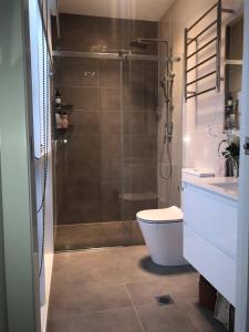 a bathroom with a shower and a toilet and a sink at Kookaburra Cottage in Bowral
