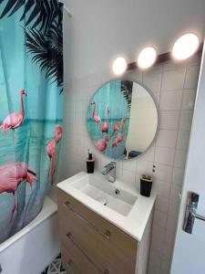 ein Bad mit einem Waschbecken und einem Spiegel in der Unterkunft Splendide vue à 180 sur l’océan in Lacanau
