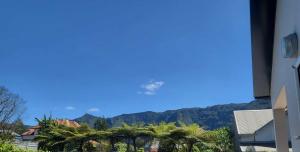 um céu azul com árvores e montanhas ao fundo em VILLA TI COIN FRAIS em La Plaine des Palmistes