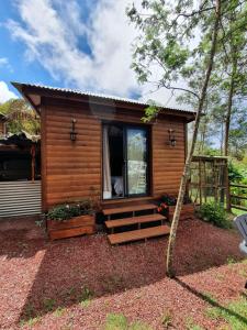 Cette cabane en rondins dispose d'une véranda et d'une fenêtre. dans l'établissement Les Balsamines chez Michèle & Daniel, à La Plaine-des-Palmistes