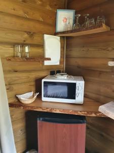 a microwave sitting on a shelf in a kitchen at Les Balsamines chez Michèle & Daniel in La Plaine des Palmistes