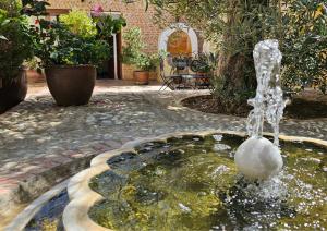 una fontana con un uccello in una piscina d'acqua di Beautiful Alamedas: casa rural con piscina a Castronuño