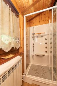 W łazience znajduje się prysznic ze szklanymi drzwiami. w obiekcie Chalet La Garde w mieście Valtournenche