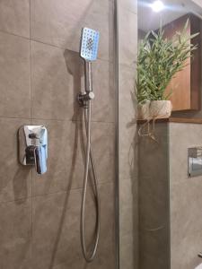 een douche met een douchekop in de badkamer bij VENICE VILLA Apartment, self check-in 24h, free parking in Poznań