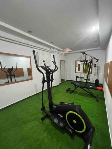 Vila Tequila Sinaia في سينيا: غرفة مع صالة ألعاب رياضية مع العشب الأخضر والآلات